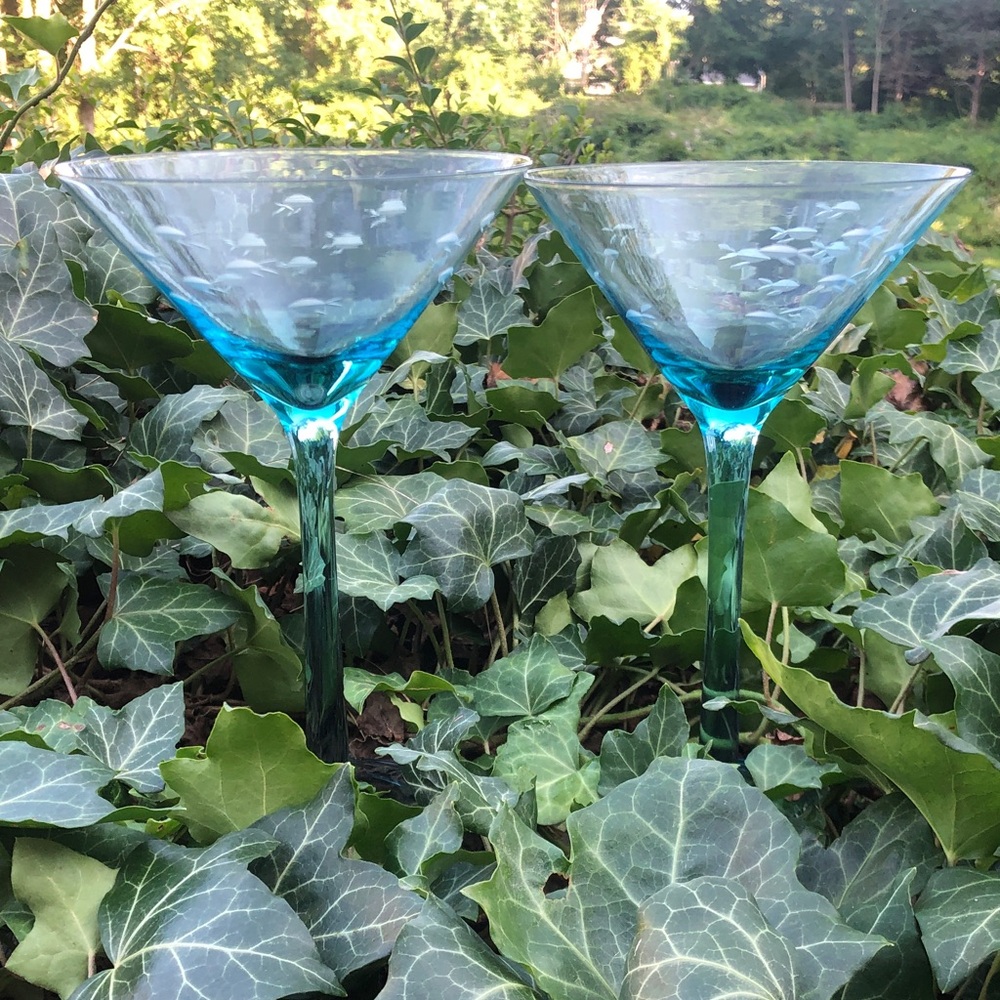 Set of Two Aqua-Tinted Etched Coupe Glasses